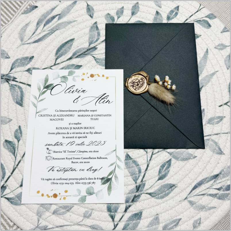 „Emerald Embrace” – Invitație de Nuntă Verde Petrol cu Sigiliu Artistic și Elemente Naturale