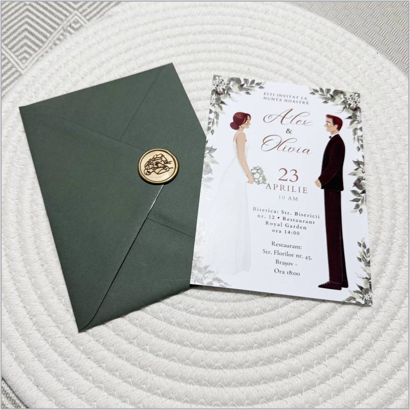 „Illustrated Love” – Invitație de Nuntă cu Ilustrație Personalizată și Plic Verde Elegant