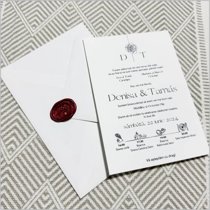 „Classic Burgundy Seal” – Invitație de Nuntă Albă cu Sigiliu Roșu Elegant