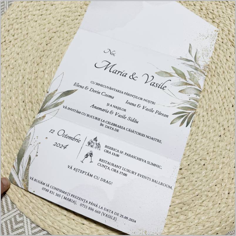 „Olive Minimal Frame” – Invitație de Nuntă Botanică cu Accente Olive și Detalii Aurii