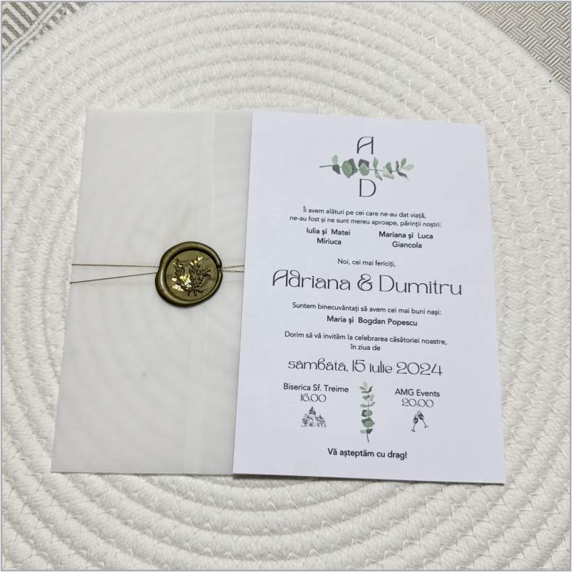 „Marble Olive Touch” – Invitație de Nuntă cu Plic Marmorat și Sigiliu Elegant