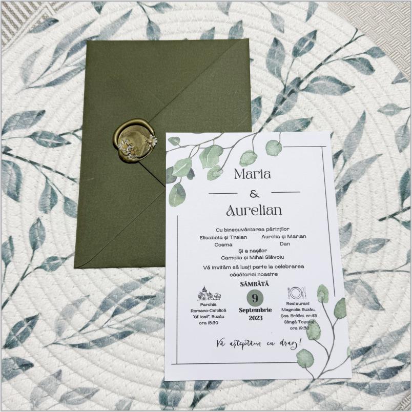 „Eucalyptus Frame” – Invitație de Nuntă Verde cu Ilustrație Botanică și Sigiliu Elegant
