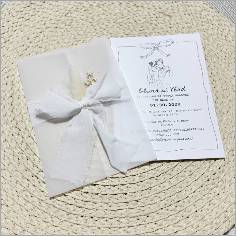 „Ivory Line Art” – Invitație de Nuntă Albă cu Fundă Texturată și Ilustrație Romantică