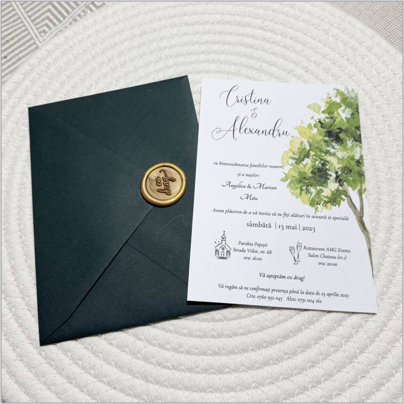 „Emerald Tree” – Invitație de Nuntă Verde Petrol cu Sigiliu Auriu și Ilustrație Natură
