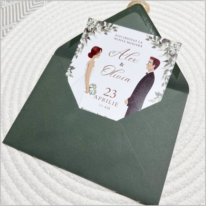 „Illustrated Love” – Invitație de Nuntă cu Ilustrație Personalizată și Plic Verde Elegant