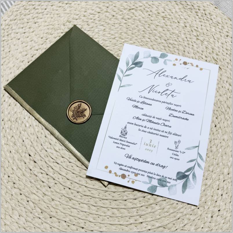 „Olive Gold Botanical” – Invitație de Nuntă Verde cu Accente Aurii și Sigiliu Elegant