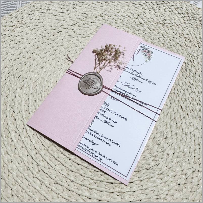 „Blush Vintage Seal” – Invitație de Nuntă Roz Pudrat cu Flori Uscate și Sigiliu Elegant