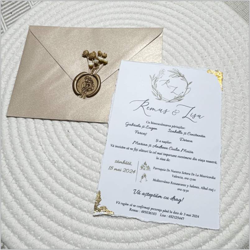 „Champagne Gold Edge” – Invitație de Nuntă Premium cu Accente Aurii și Sigiliu Elegant