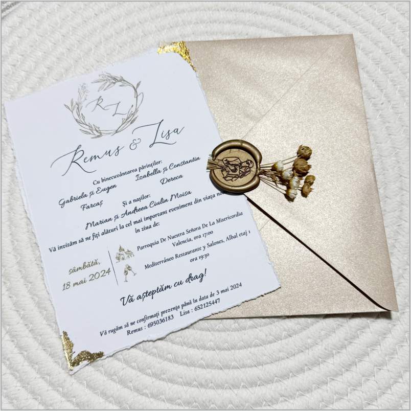„Champagne Gold Edge” – Invitație de Nuntă Premium cu Accente Aurii și Sigiliu Elegant
