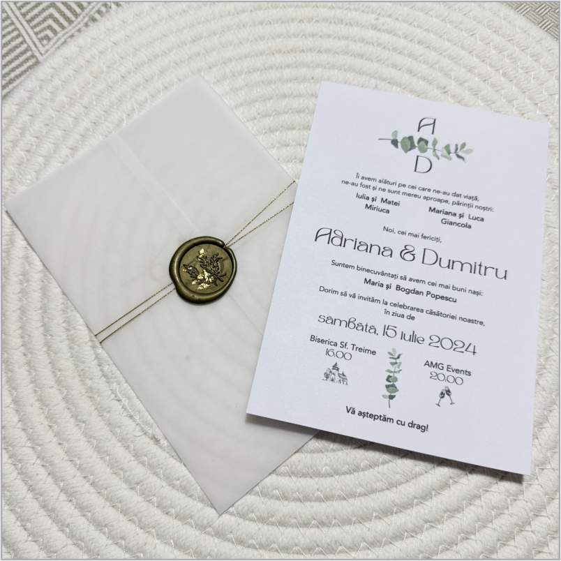 „Marble Olive Touch” – Invitație de Nuntă cu Plic Marmorat și Sigiliu Elegant