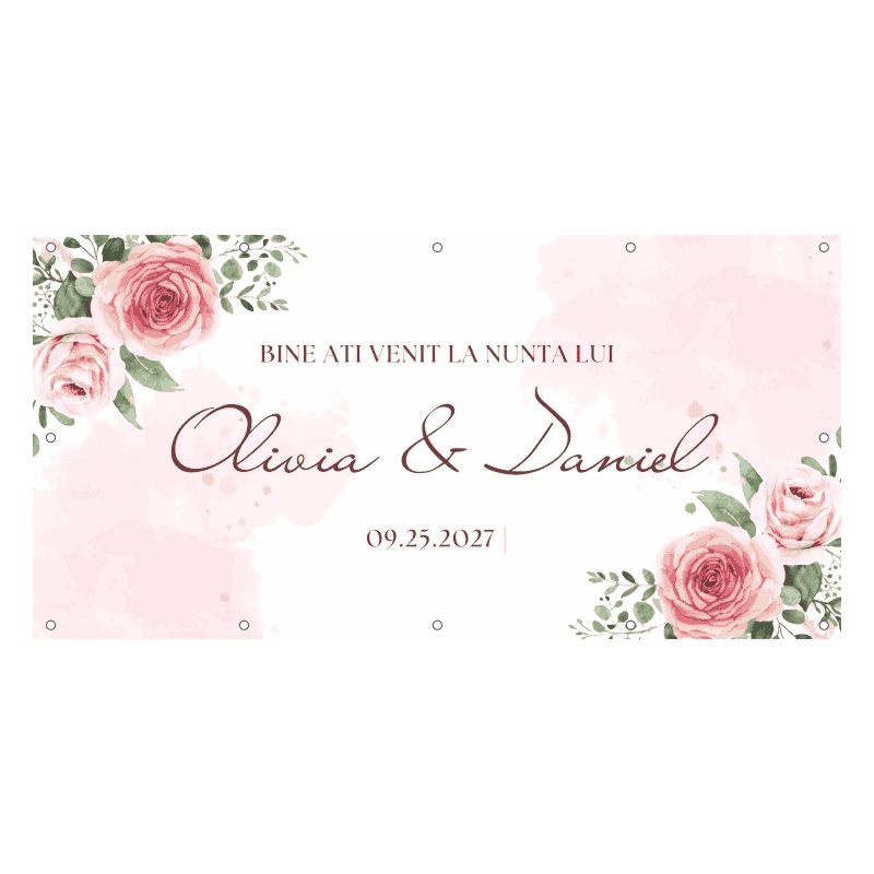 Banner Nuntă „Blush Roses” – Welcome Floral Romantic Personalizat