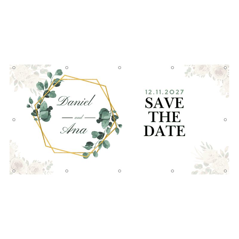 Banner Nuntă „Golden Eucalyptus” – Save the Date Elegant Personalizat