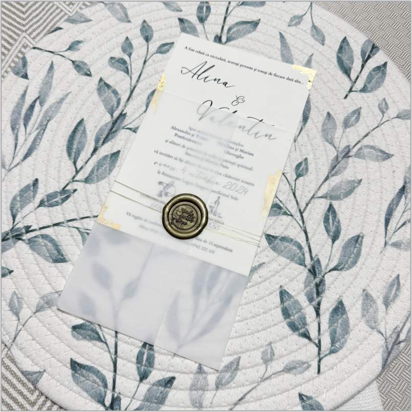 „Golden Olive” – Invitație de Nuntă Elegantă cu Frunze și Sigiliu Vintage