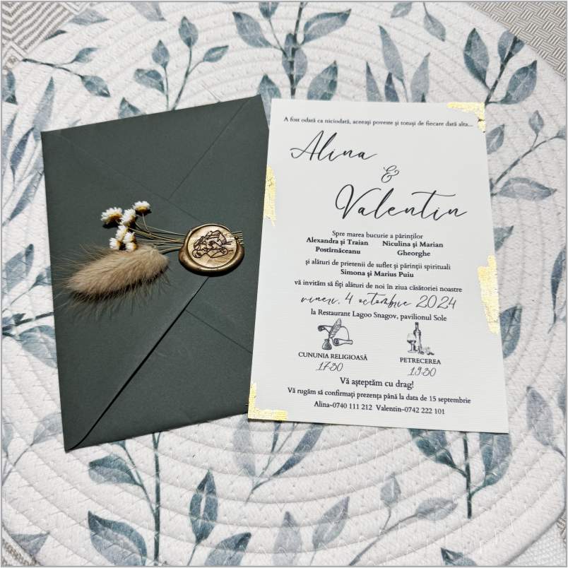 „Olive Prestige” – Invitație de Nuntă Verde Olive cu Sigiliu Auriu Vintage