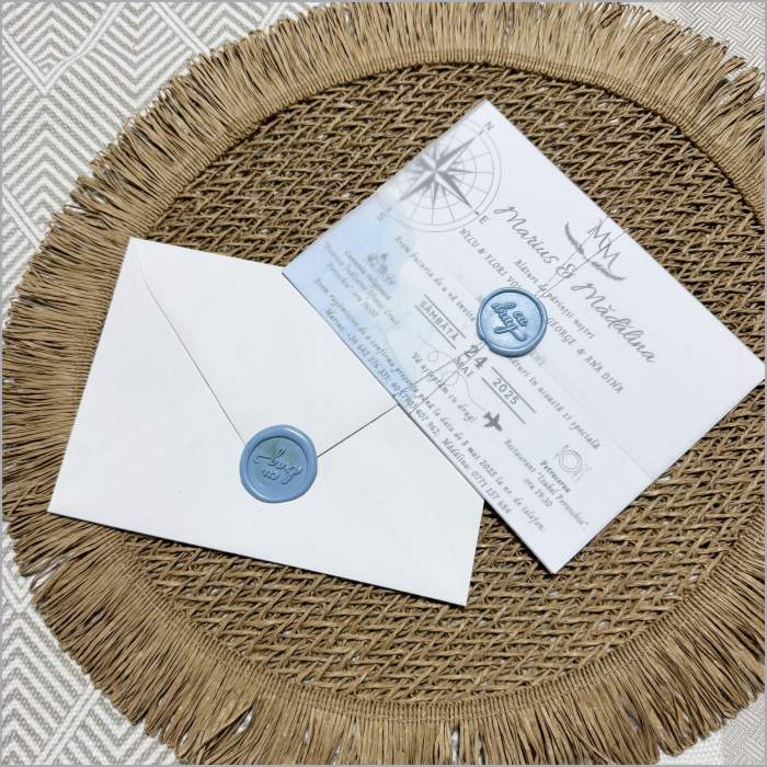 JOURNEY – Invitație de Nuntă cu Hartă Vintage și Sigiliu Elegant