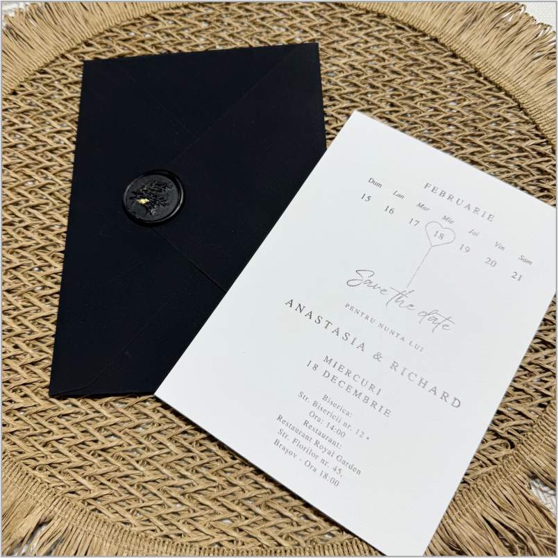 „Midnight Signature” – Invitație de Nuntă Minimalistă cu Plic Negru și Sigiliu Elegant