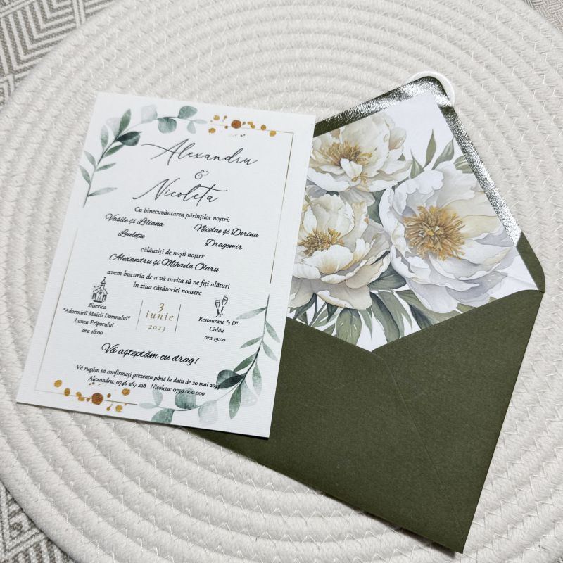 Invitație nuntă „Botanic Green Peony”
