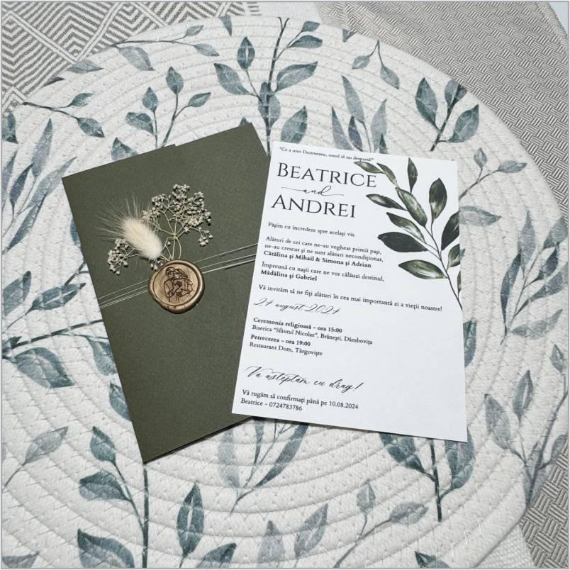 „Olive Classic” – Invitație de Nuntă Verde cu Sigiliu Bronz și Design Botanic Elegant