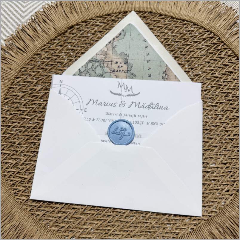 JOURNEY – Invitație de Nuntă cu Hartă Vintage și Sigiliu Elegant