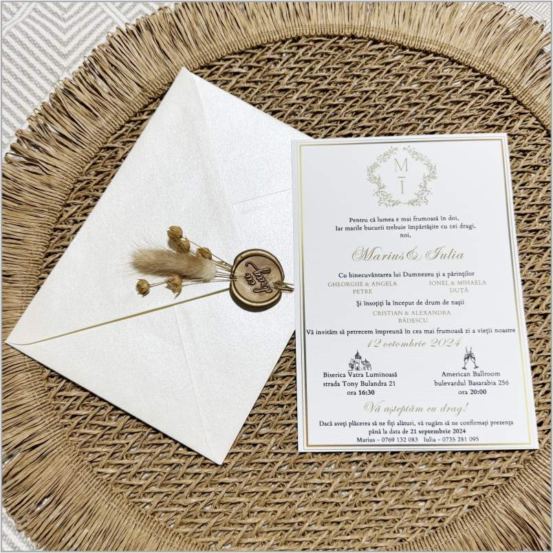 „Ivory Gold Signature” – Invitație de Nuntă Ivory cu Chenar Auriu și Sigiliu Premium