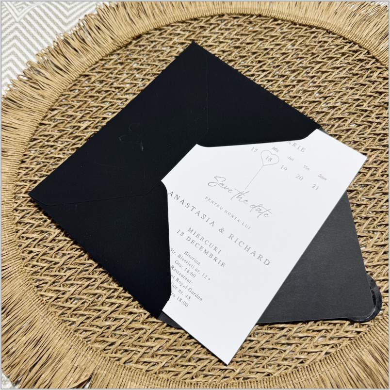 „Midnight Signature” – Invitație de Nuntă Minimalistă cu Plic Negru și Sigiliu Elegant