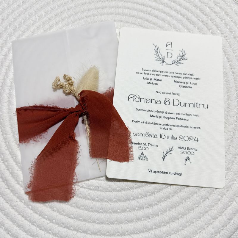 Invitație nuntă cu fundă terracotta și sigiliu floral