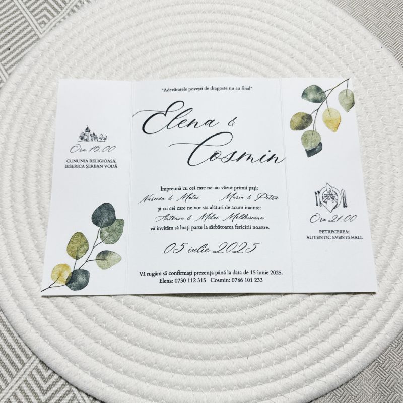 Invitație nuntă elegantă cu frunze verzi și sigiliu auriu