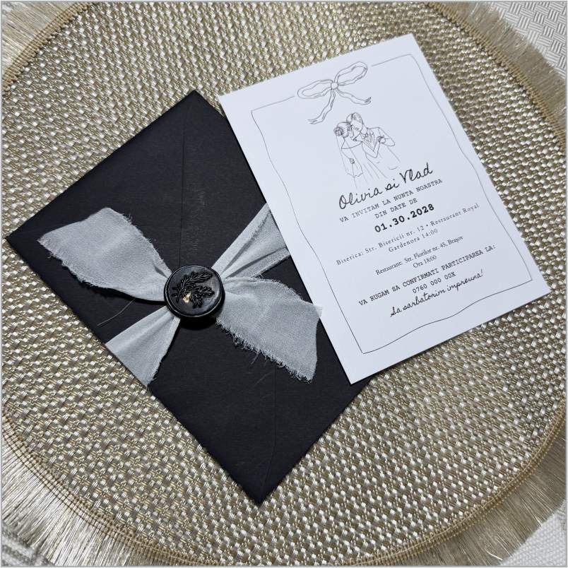 „Noir Sketch” – Invitație de Nuntă cu Ilustrație Line Art și Fundă Naturală