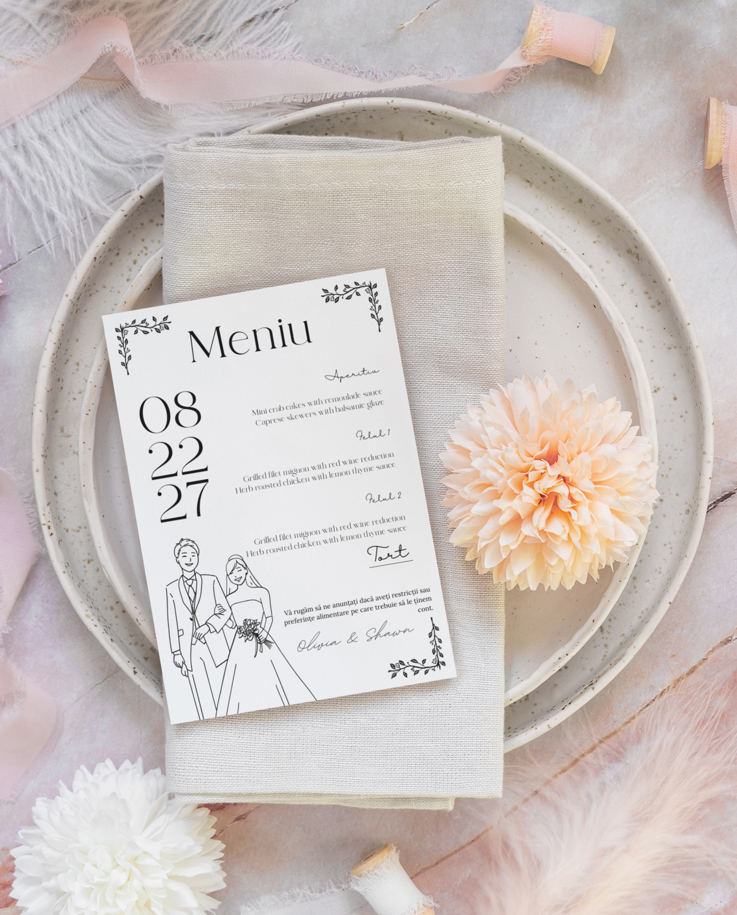 Invitație de nuntă Eterna Olive – eleganță florală cu fundă satinată 12x17 cm